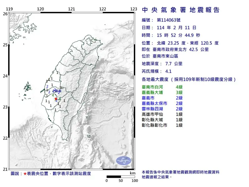 ▲今（11）日下午3點52分，台南市東山區發生芮氏規模4.1地震。（圖／中央氣象署）