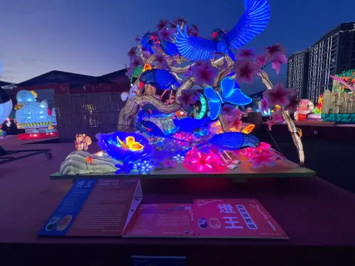 今年機關團體組「燈王」,由法務部矯正署台南第二監獄以「藍羽錦鵲桐花雨,飛舞翩翩入桃源」連兩年獲得肯定。(圖/矯正署提供) ▲今年機關團體組「燈王」,由法務部矯正署台南第二監獄以「藍羽錦鵲桐花雨,飛舞翩翩入桃源」連兩年獲得肯定。(圖/矯正署提供)