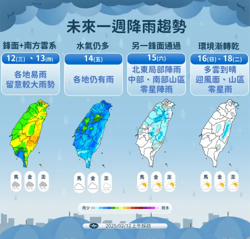 元宵節全台有雨,越晚雨越大,週五開始雨勢逐漸趨緩,週日過後轉為乾冷、多雲的天氣。(圖/中央氣象署) ▲元宵節全台有雨,越晚雨越大,週五開始雨勢逐漸趨緩,週日過後轉為乾冷、多雲的天氣。(圖/中央氣象署)