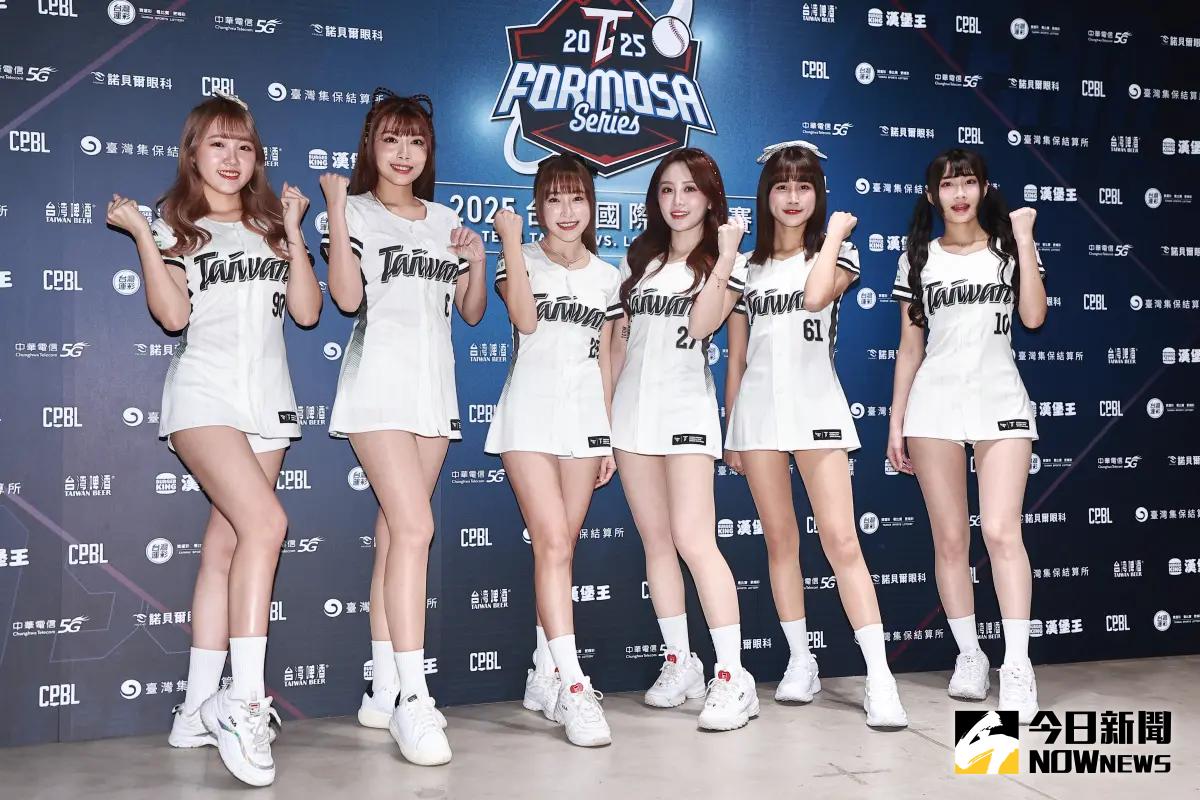 ▲經典賽資格賽中華隊與韓職樂天巨人交流賽，台灣應援啦啦隊栗子（左起）、妮可、心璇、若潼、柔一、李樂，分享2國應援的文化差異。（圖／記者葉政勳攝 , 2025.02.12）