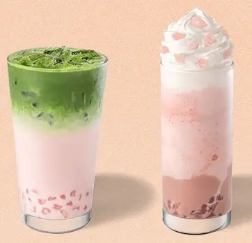 ▲星巴克情人節開喝草莓紅豆米布丁奶霜星冰樂、櫻花風味草莓抹茶那堤。（圖／翻攝自星巴克FB）
