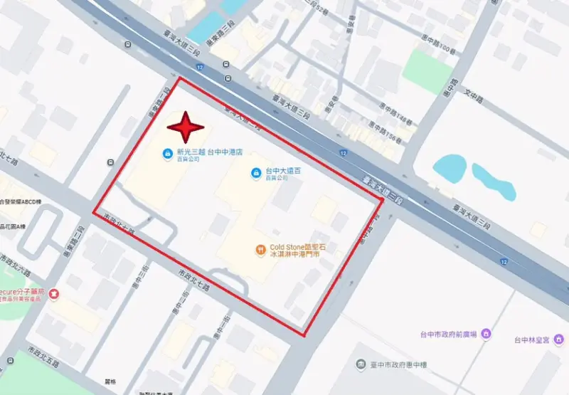 ▲台中新光三越氣爆，周邊道路封鎖，紅線路段均為人車管制路段。（圖／台中市警局提供）