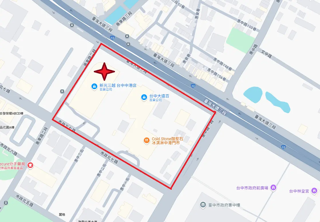 ▲中市新光三越氣爆現場交通管制範圍（警方提供）