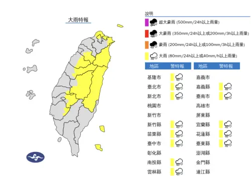 ▲氣象署發布「大雨特報」，提醒全台各地今天都有局部大雨發生的機率。（圖／中央氣象署）