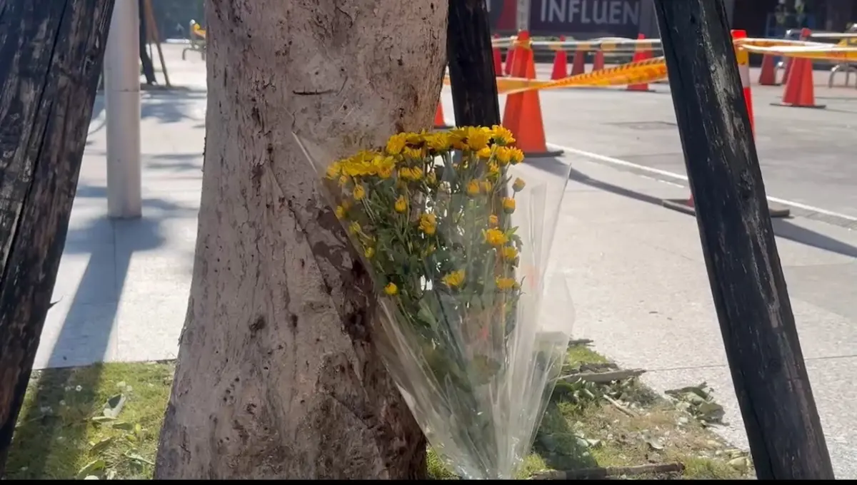 ▲台中新光三越氣爆釀4死、38傷，民眾今（15）日上午到場獻菊花弔念。（圖／翻攝畫面）