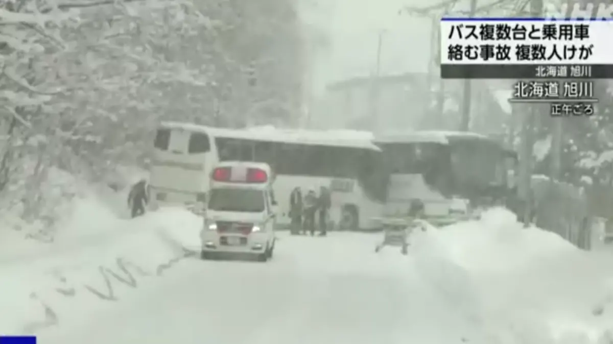 ▲日本北海道旭山動物園附近，15日上午發生大型交通事故，涉及多部車輛。（圖／翻攝自NHK）