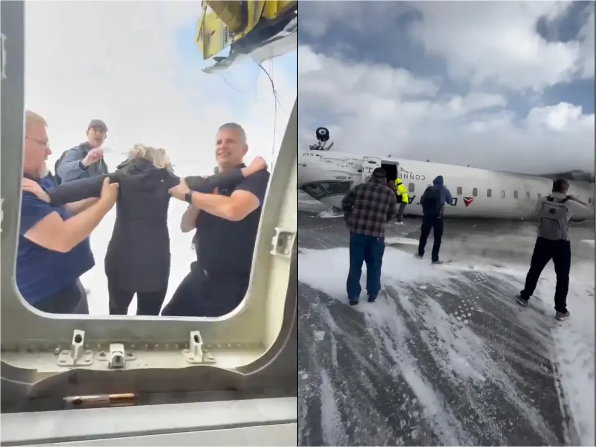 ▲美國達美航空一架客機在當地時間17日，降落在多倫多皮爾森國際機場時意外翻覆、機腹朝天，乘客拍下驚險瞬間。（圖／翻攝自X）