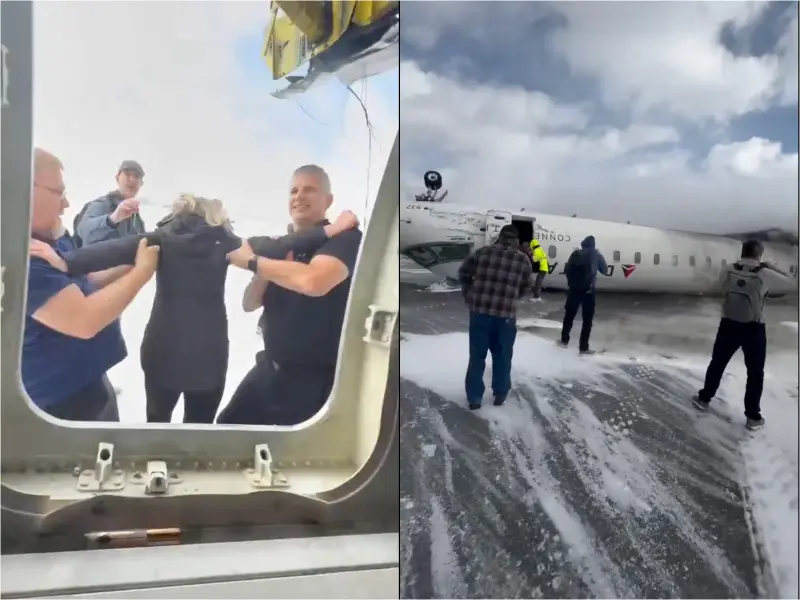 ▲美國達美航空一架客機在當地時間17日，降落在多倫多皮爾森國際機場時意外翻覆、機腹朝天，乘客拍下驚險瞬間。（圖／翻攝自X）