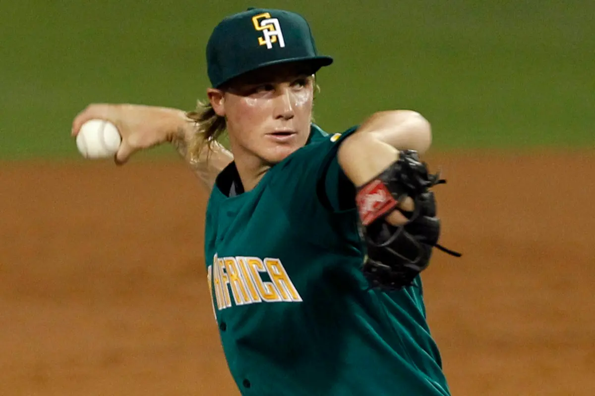 ▲南非隊王牌投手迪倫（Dylan Unsworth）過去曾在中華職棒富邦悍將效力，只為球隊先發出戰3場，總計11又1/3局的投球，取得1勝，防禦率2.38。（圖／美聯社／達志影像）