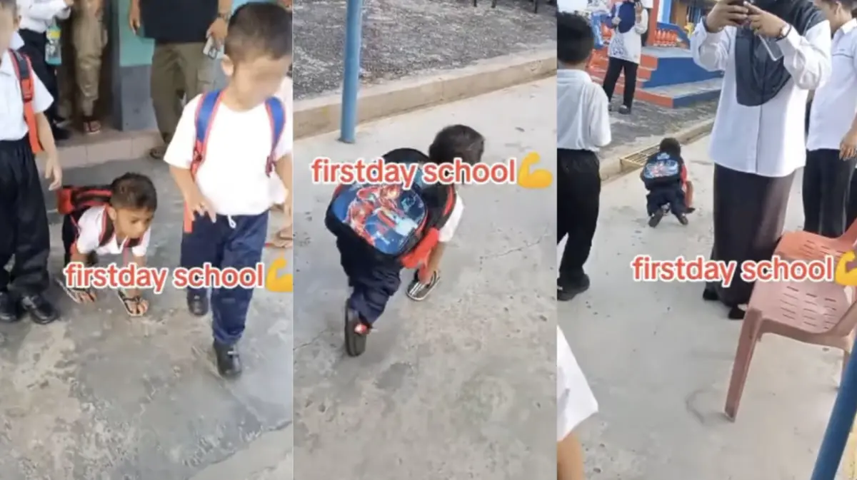 ▲大馬一名五歲男童上學時用雙手套拖鞋通勤，堅強的身影被人放上社群平台，引發超過300萬人次觀看。（圖／翻攝自TikTok）