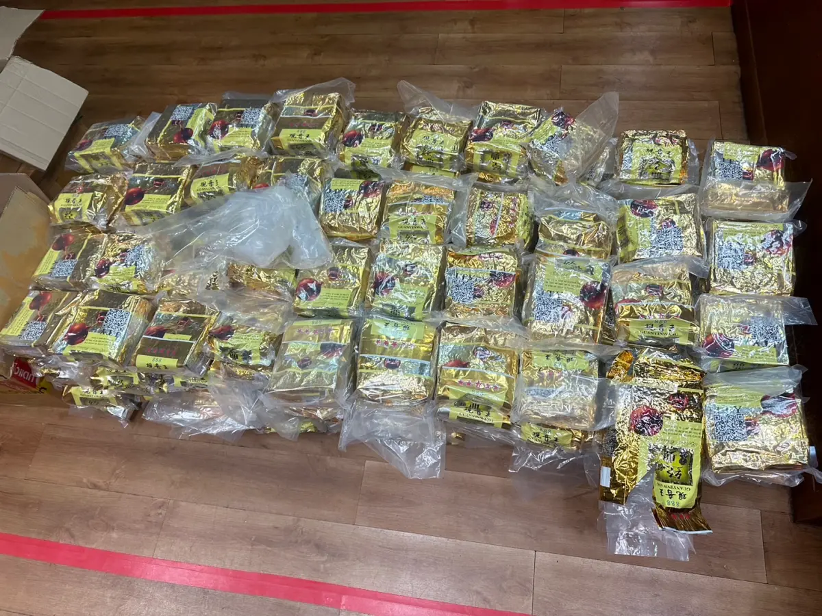 ▲泰國運毒集團利用金三角認證「觀音王」茶葉袋進行包裝，夾帶7.3億安非他命和大麻，險進入台灣。（圖／橋頭地檢署提供）
