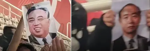 山東泰山球迷曾在場邊舉出金日成(左)與全斗煥(右)照片,挑性意味濃厚。(圖/截圖自JTBC News YouTube) ▲山東泰山球迷曾在場邊舉出金日成(左)與全斗煥(右)照片,挑性意味濃厚。(圖/截圖自JTBC News YouTube)