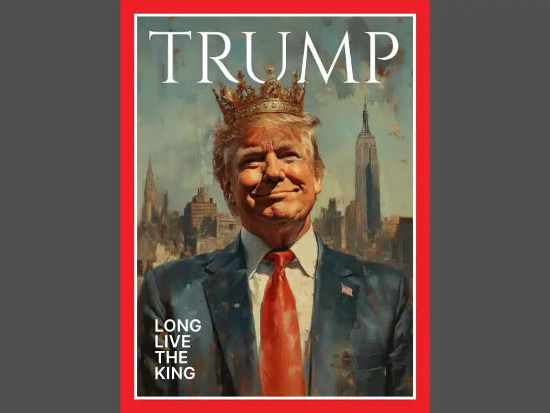 ▲美國總統川普（Donald Trump）擋下紐約市府收取塞車費的計畫後，用AI生成一張模擬時代雜誌封面的照片，川普笑容滿面、頭戴金色皇冠，左下角搭配文字寫著「國王萬歲」。（圖／翻攝自X）