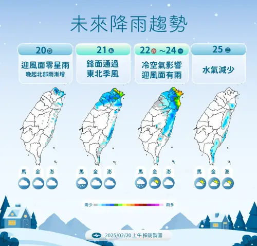 今天白天全台多雲到晴,入夜鋒面通過,一直到週末,北部、東半部的降雨機率都較高。(圖/中央氣象署) ▲今天白天全台多雲到晴,入夜鋒面通過,一直到週末,北部、東半部的降雨機率都較高。(圖/中央氣象署)