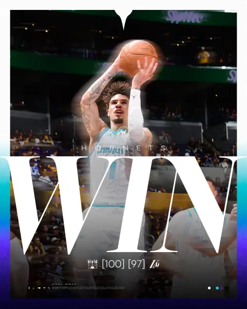 ▲夏洛特黃蜂100：97擊敗洛杉磯湖人，Miles Bridges爆發轟下29分，LaMelo Ball得到27分。（圖／取自夏洛特黃蜂X）