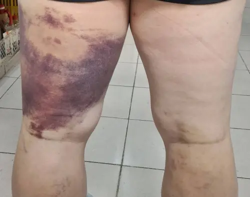 ▲苗栗社運人士陳祺忠日前遭人持棍棒、噴辣椒水攻擊，導致雙腿嚴重瘀青，警方也逮捕2名嫌犯。（圖／翻攝臉書）