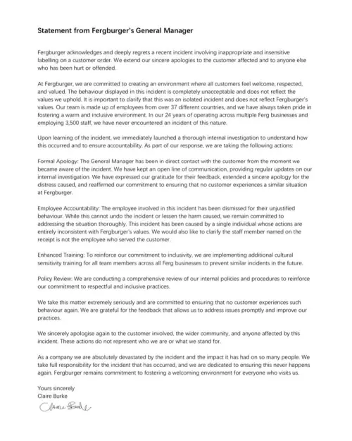 Fergburger總經理在社群平台發聲明致歉。(圖/翻攝自Fergburger Ltd臉書) ▲Fergburger總經理在社群平台發聲明致歉。(圖/翻攝自Fergburger Ltd臉書)