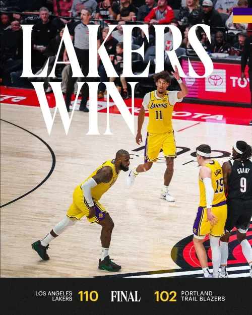 ▲末節拓荒者將分數給追平，這時候又是LeBron James挺身而出，連續三分球命中，率湖人取勝。（圖／洛杉磯湖人 X）