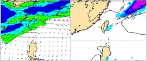 ▲▲左圖歐洲模式(ECMWF)模擬26日8時700百帕相對濕度及風場圖顯示，有中層水氣通過，雲量稍增。右圖模擬28日8時地面氣壓及降水圖顯示，鋒面尾端快速掠過北部海面，對台灣已無影響。（圖／翻攝氣象應用推廣基金會）