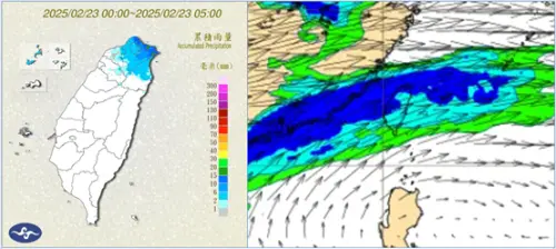 ▲今（23）晨5時累積雨量圖顯示，新竹以北已有降雨。根據22日20時歐洲模式模擬，26日8時500百帕相對濕度及風場圖顯示，有中層水氣通過，雲量稍增。（圖／吳德榮提供）