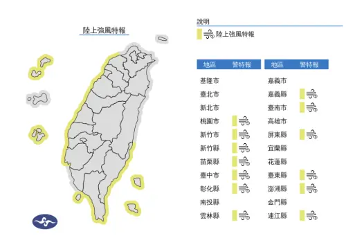 氣象署今(23)日發布「陸上強風特報」,提醒桃園至台南沿海空曠地區及恆春半島、蘭嶼、綠島、澎湖、馬祖留意10級強陣風。(圖/中央氣象署) ▲氣象署今(23)日發布「陸上強風特報」,提醒桃園至台南沿海空曠地區及恆春半島、蘭嶼、綠島、澎湖、馬祖留意10級強陣風。(圖/中央氣象署)