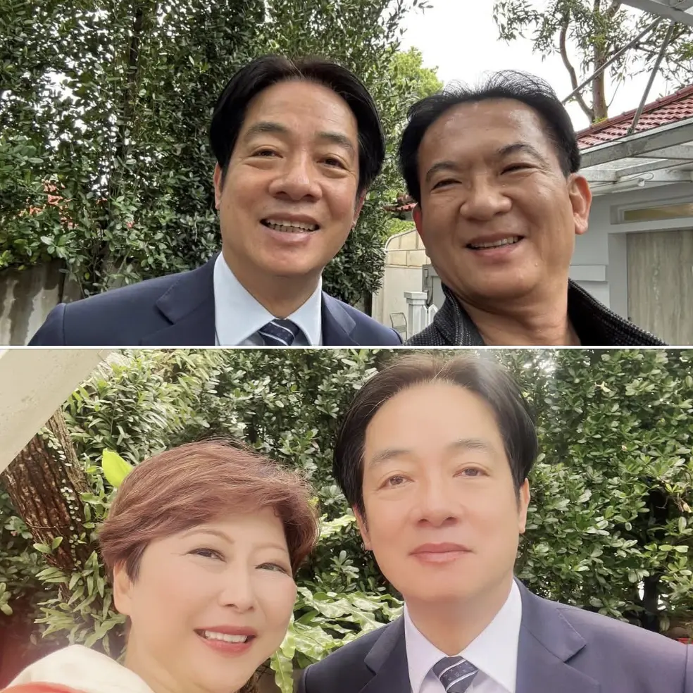 ▲賴清德與林俊憲、陳亭妃合影表情有些微不同，被外界解讀「表情密碼」洩端倪，吳思瑤緩頰稱笑也會笑僵。（圖／翻攝自林俊憲、陳亭妃臉書）