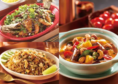 月亮蝦餅年賣百萬份!瓦城「黑松露月亮」新開賣 網美街邊店亮相 ▲「瓦城兩廳院店」獨家菜色:「紅咖喱什錦蔬果」260元、「泰味酥炸檸檬魚」520元、「芭達雅中卷炒飯」315元。(圖/瓦城提供)