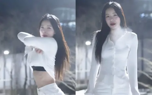 ▲李多慧在雪地中熱舞，哈出一口白煙，看起來氣溫非常低，但她卻只穿著單薄的白色上衣和褲子，籃籃緊張喊「快穿衣服」，不難看出她們的好感情。（圖／翻攝自李多慧IG）