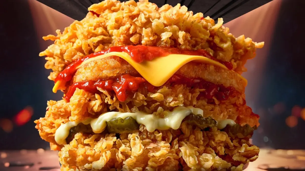 ▲肯德基「雙層咔啦肉霸堡」要來台灣了！主打「雙層炸雞＋金黃薯餅」，300g莎莎咔啦肉霸堡重磅肉感，預計2月底開賣；今99元套餐優惠應援中華隊。漢堡王「無麵包漢堡」也納入常態菜單。（圖／翻攝自IG@kfc_korea）