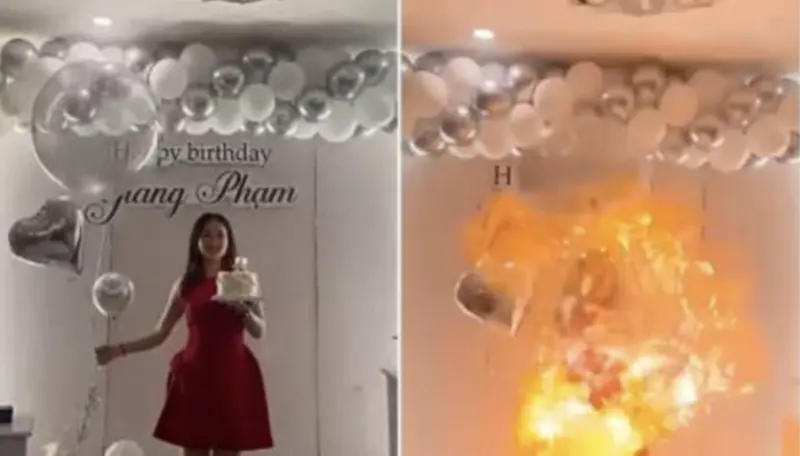 ▲一名越南女慶生時發生氫氣球氣爆，當場被火燒臉。（圖／翻攝自臉書）