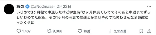 ▲ano在X中提到被霸凌的貼文已突破2000萬次瀏覽，引起許多人關注。（圖／@aNo2mass X）