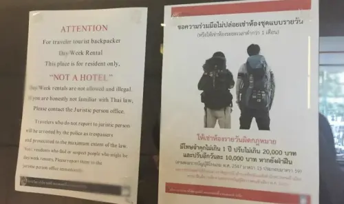 ▲泰國公寓大廳公告向入住者表示禁止任何房間出租當旅館，一經發現會檢舉並移送法辦。（圖／翻攝自臉書）