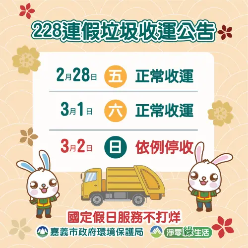 ▲嘉義市228連假垃圾車收運一覽。（圖／嘉義市環保局提供）