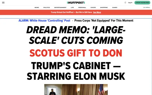 ▲哈芬登郵報在首頁用斗大的標題報導川普內閣會議，並在上方以紅底白字寫道「川普排除了哈芬登郵報，但我們仍在這裡」。（圖／翻攝自哈芬登郵報）