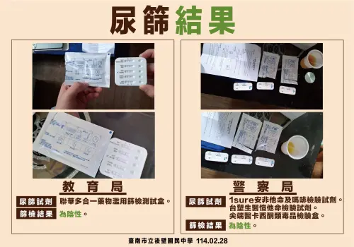 ▲教育局也依據今天上午針對兩位疑似行為人以五合一篩檢試劑，皆呈現陰性反應，初步未發現有涉毒情形。（圖／南市府提供）