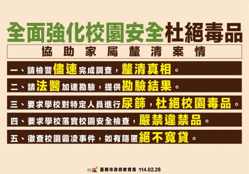 ▲教育局後續仍會要求學校擴大清查對象，讓親師生都能安心，也強調，霸凌零容忍、遏止毒品進入校園一刻也不會鬆懈。（圖／南市府提供）