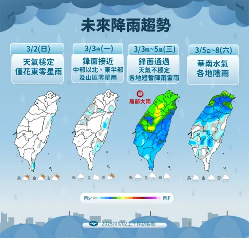 228連假結束後,週一晚上開始鋒面通過,全台有雨的情況將維持到週五。(圖/中央氣象署提供) ▲228連假結束後,週一晚上開始鋒面通過,全台有雨的情況將維持到週五。(圖/中央氣象署提供)