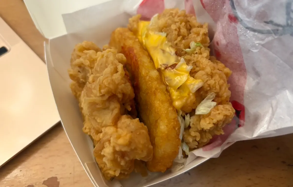 ▲肯德基最狂炸雞漢堡「莎莎咔啦肉霸堡」今台灣開賣！雙層重磅咔啦雞腿排＋墨西哥莎莎醬＋金黃薯餅，實際買來開箱沒有麵包也「擠爆盒子」，親自試吃「肉汁感足夠，整體非常好吃」，菜單價格一覽。（圖／記者張嘉哲攝）