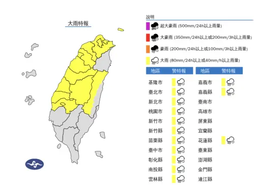 ▲華南雲雨區東移，氣象署針對14縣市發布「大雨特報」。（圖／中央氣象署）