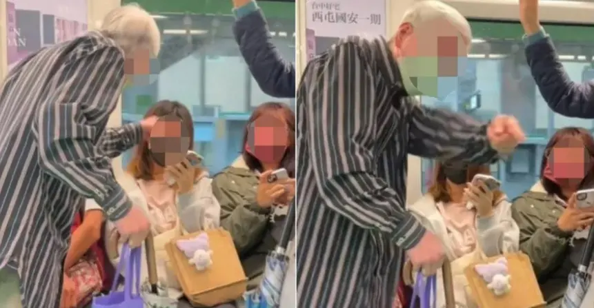 ▲捷運上發生一起博愛座爭議，一名白髮老翁搭乘台中捷運時，要求一名年輕女乘客讓座。（圖／翻攝自爆料公社）