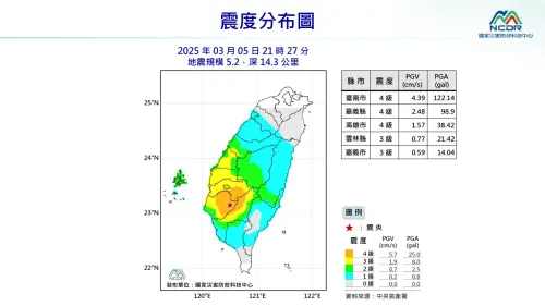 ▲3月5日晚間21:27地震震度分布。（圖／NCDR）