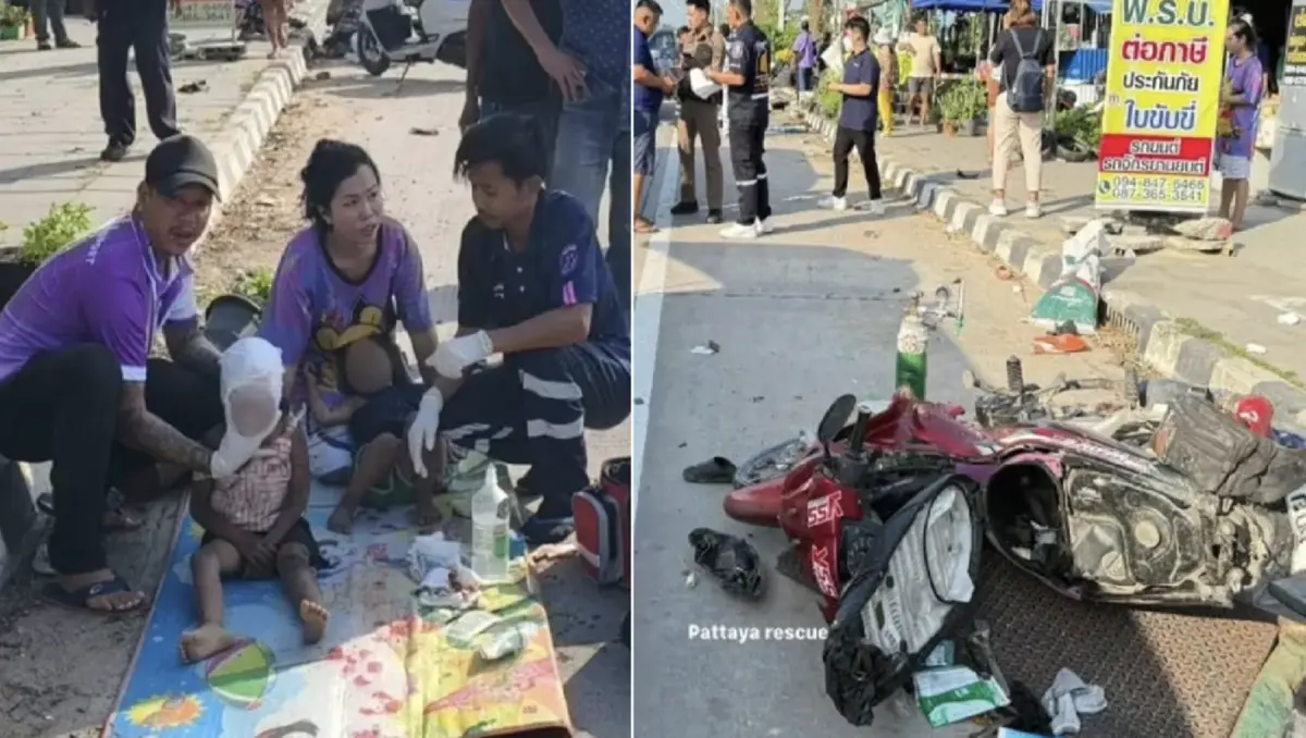 ▲泰國一名坐在摩托車的孕婦被重型貨車撞死，撞擊力道導致孕婦的腹部撕裂，胎兒也被排出體外。（圖／翻攝自Thaiger）