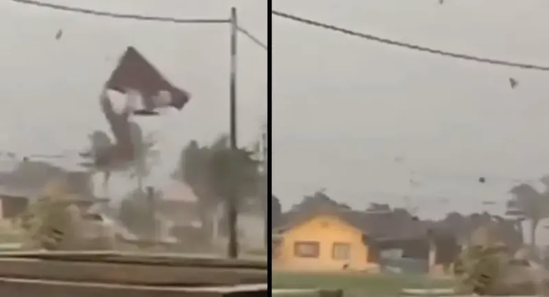 ▲馬來西亞小鎮遭龍捲風襲擊，導致約十間房屋受損。（圖／翻攝自影片）