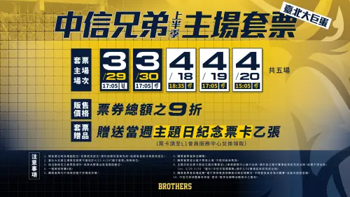 ▲中信兄弟2025年上半季臺北大巨蛋主場套票資訊。（圖／中信兄弟提供）