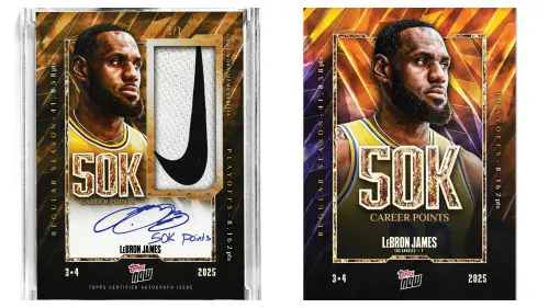▲同樣為「LeBron James五萬分紀念卡」，左邊是全世界限量一張的球衣親簽卡，右邊則是普卡，市場行情落差巨大。（圖／取自Topps官網）