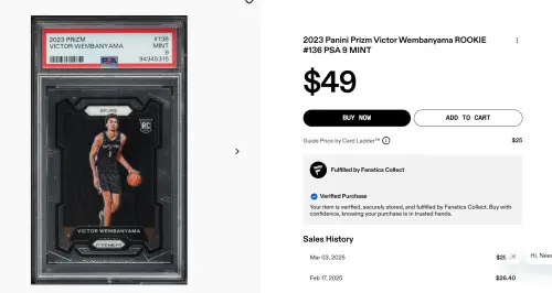 ▲馬刺狀元「斑馬」Victor Wembanyama新秀卡的普卡版本，在拍賣網站就標價超過50美元。（圖／擷取自Fanatics Collect拍賣網站）