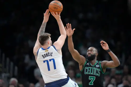 ▲Jaylen Brown在總冠軍賽五場比賽中，總計防守Luka Doncic 32 分鐘04秒，在154.4 個對位回合裡，Luka 的表現受到一些限制。（圖／美聯社／達志影像）