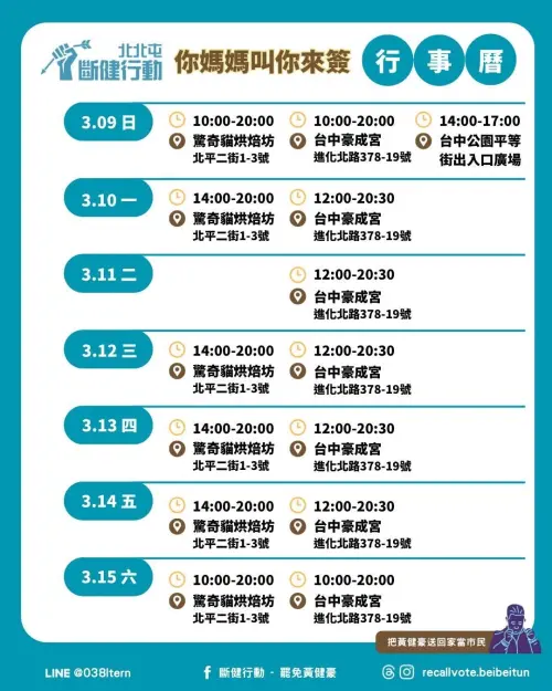 ▲「斷健行動」9日起的連署時地出爐。（圖／罷團提供，2025.03.07）