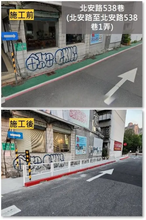 ▲實體人行道與護欄出現前後的差異性。（圖／台北市交通局）
