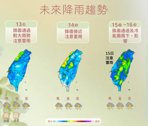 週四鋒面通過全台有雨,比較濕的環境一直持續到週末,共有兩波鋒面影響台灣。(圖/中央氣象署) ▲週四鋒面通過全台有雨,比較濕的環境一直持續到週末,共有兩波鋒面影響台灣。(圖/中央氣象署)